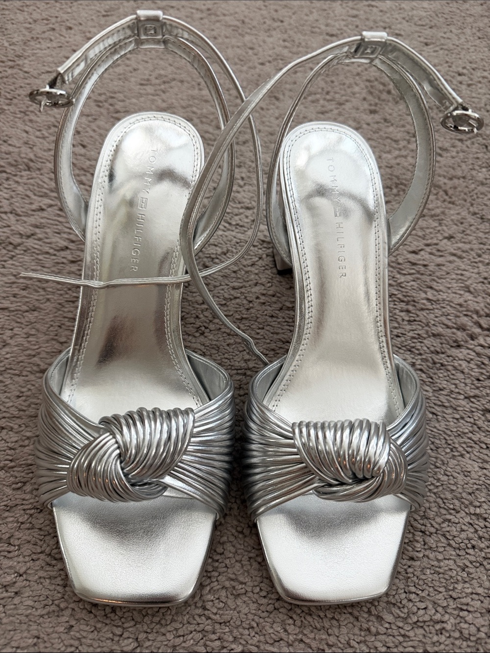 Tommy Hilfiger Metallic Silver Knot-Front Heeled Sandals